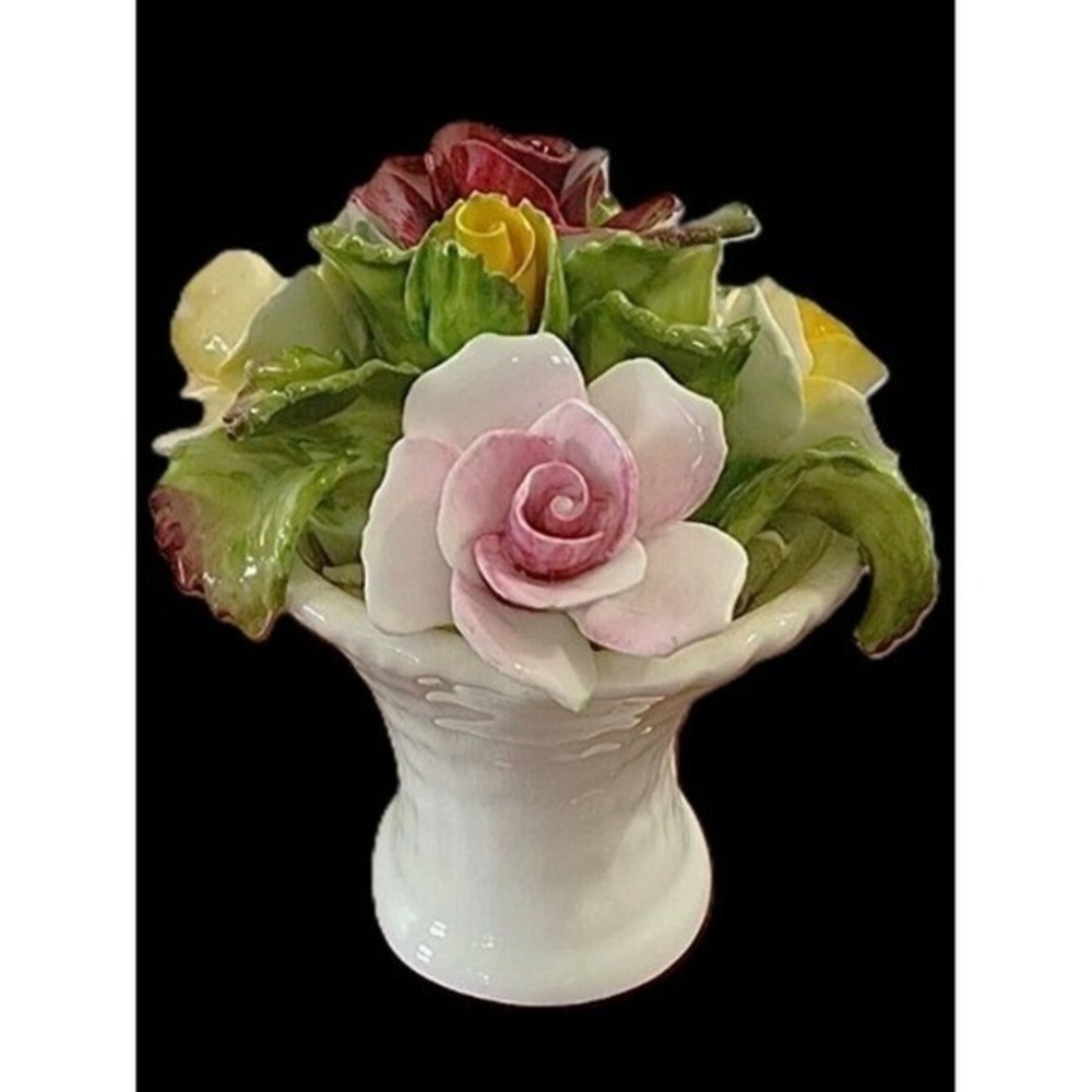 1950s Aynsley June Rose China Flower Basket Bouquet Handcrafted Flowers Label 3"